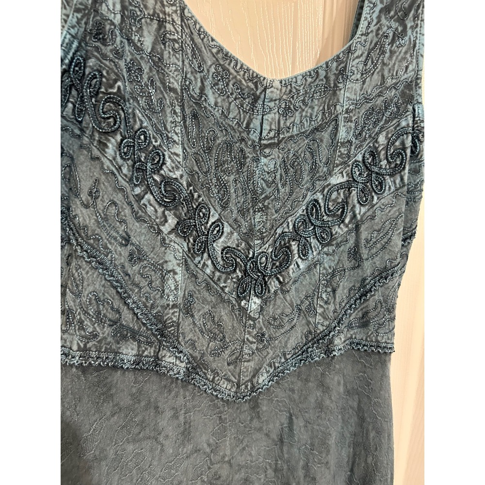 Advance Apparels Teal Blue Embroidered Boho Midi Dress Smocked Back Rayon L XL - Picture 3 of 9